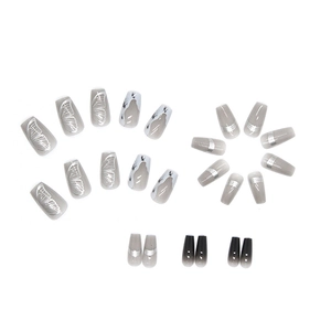 Cold grey gradient press-on nails with silver butterfly and mirror powder design