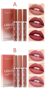 Dettaglio set lucidalabbra con 3 tonalità opache vellutate e prove reali sulle labbra