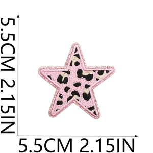 Pink leopard print star embroidery patch with 5.5cm measurement scale on white background