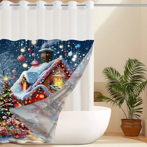 Detail des Weihnachtsduschvorhangs mit verschneiter Hütte, Festbaum und Metallösen