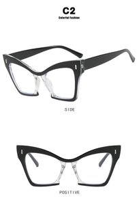 Detail view of cat eye glasses frame in C2 color with black and transparent splicing