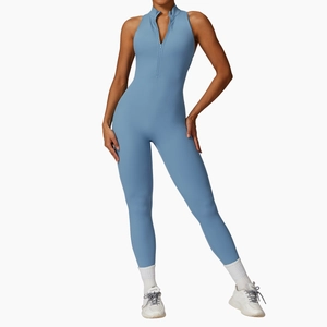 Combinaison de yoga bleu clair sans manches avec fermeture éclair pour fitness intense