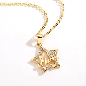 Gold star pendant necklace with Mama inscription and cubic zirconia butterfly details