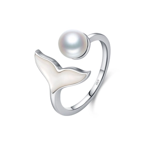 Elegant S925 sterling silver open ring with mermaid tail and round white pearl detail