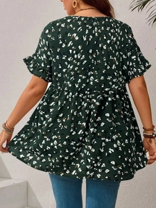 Deep green floral short-sleeve dress with back view showing ruffle sleeves and loose fit