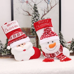 Plush Santa and Snowman Christmas stockings with knitted patterns for holiday decoration