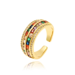 Luxurious gold open ring with colorful square cubic zirconia and side micro-pave crystals