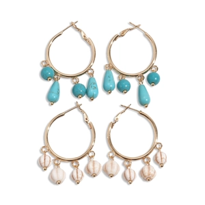Bohemian gold hoop earrings with turquoise and white marble style water drop pendants
