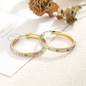 Luxury Stainless Steel Colorful Rhinestone Hoop Earrings For Women Gold Plated Heart Round Geometric Fashion Jewelry Accessories