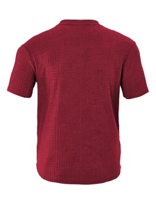 Detail of burgundy knitted polo shirt featuring premium geometric jacquard texture fabric