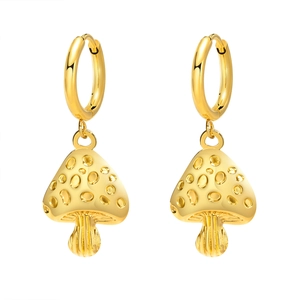 Vintage style mushroom drop earrings in 18k gold plated stainless steel on white background