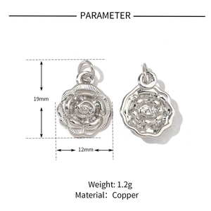 Macro detail of copper rose charm dimensions 19x12mm with 1.2g weight specification