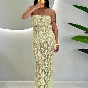 Robe Maxi Bandeau En Dentelle Pour Femmes Transparente Fleurie Bodycon Plage Été Fête Sans Bretelles