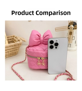 Pink quilted crossbody bag size comparison with smartphone and bow detail showing dimensions
