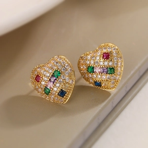 Orecchini a cuore placcati oro con gemme quadrate colorate e pavé di zirconi
