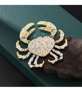 Detailed close-up of a crab brooch with sparkling rhinestones and green crystal eyes