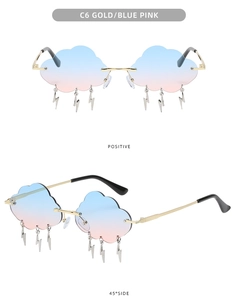 Detail view of cloud-shaped frameless sunglasses with blue-pink gradient and lightning charms