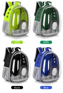 Detail view of transparent pet backpack showing green, black, and blue color options