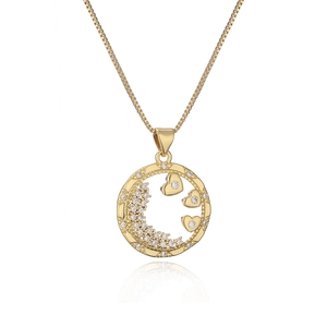18K gold plated necklace featuring circular pendant with hollow heart and zircon accents