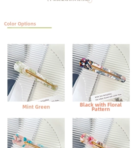 Detail view of acetate hair clips in mint marble and colorful floral patterns