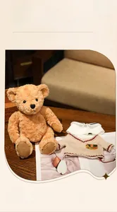 Detail of plush teddy bear with removable beige knit sweater and Teddy embroidery on paw