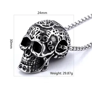 Punk style stainless steel skull pendant necklace with intricate vine patterns and measurements