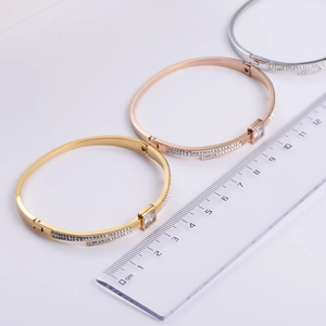 Three-piece stainless steel bangle set with square zircon in gold, rose gold, and silver