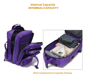Detail view of large capacity main compartment and inner storage of purple tactical backpack