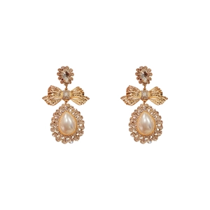 French vintage luxury drop earrings with rhinestones, bow knot, and large imitation pearl