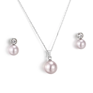 Silver jewelry set featuring pink shell pearl necklace and matching stud earrings with crystals