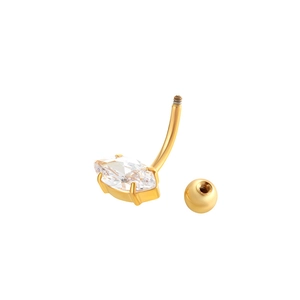 Golden stainless steel belly ring with marquise zircon stone and screw head on white base