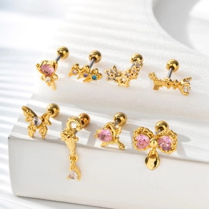 Pink heart and bow stud earring set in gold plating with sparkling cubic zirconia
