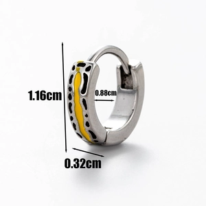 Men's stainless steel huggie hoop earring with yellow animal print and dimensions