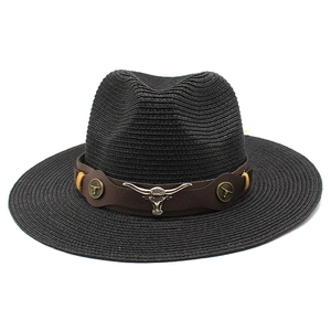 Black western straw cowboy hat with wide brim and bull head leather band decoration