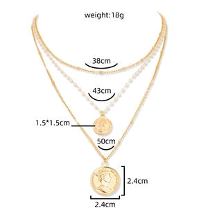 Detailed size chart for multi-layer star pendant necklace with coin charms and measurements