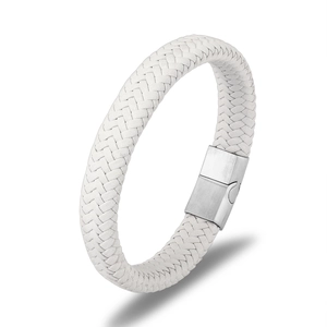 Men's minimalist white braided leather bracelet with a polished silver stainless steel clasp