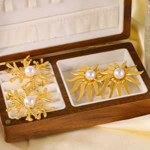 Statement Earrings For Women 18K Gold Plated Stainless Steel Artificial Pearl Inlaid Coral Branch Sunflower Design Luxury Accessory