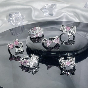 Luxury Copper Pink Zirconia Bowknot Open Ring For Women Sweet Cool Heart Pattern Silver Plated Adjustable Finger Ring Fashion Jewelry Gift