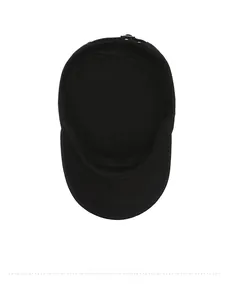 Detail view of the durable inner lining and adjustable buckle of a black military flat top cap