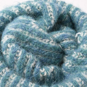Chunky knit color-block winter beanie featuring soft blue, white, and green mixed yarn fibers