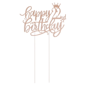 Detail von roségold glitzerndem Happy 22nd Birthday Kuchendeckel mit Krone und Sternen
