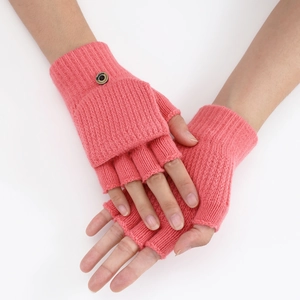 Pink striped knitted convertible gloves showing half-finger and mitten flap details