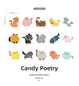 Detail showing 15 unique 40mm cartoon cat stickers in various colors and poses