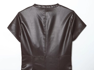 Detail view of stitching and premium texture on back of dark brown PU leather dress