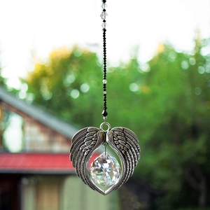 Crystal angel wings suncatcher with faceted heart pendant for window home decor