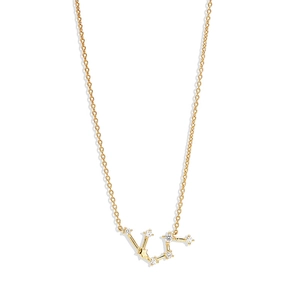 Macro detail of S925 sterling silver zodiac necklace with sparkling constellation diamonds