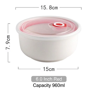 Detailed size chart of 6-inch white ceramic bowl with pink lid and red air valve