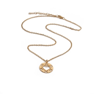 Polished gold stainless steel necklace with circular heart cutout pendant on white background