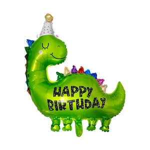 Detailed view of green cartoon dinosaur foil balloon with Happy Birthday print