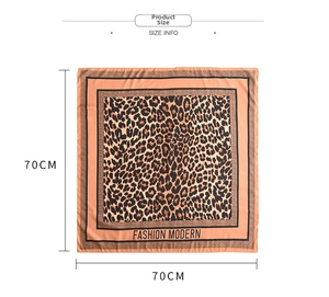 Detailed view of 70x70cm leopard print faux silk scarf with Fashion Modern text
